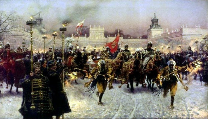 Józef Brandt, Wyjazd z Wilanowa Jana III Sobieskiego z Marysieńką, 1897.